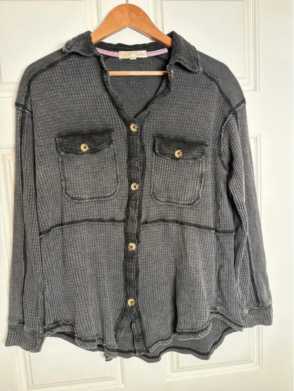 Mineral Wash Waffle Gray Black Long Sleeve Top Small